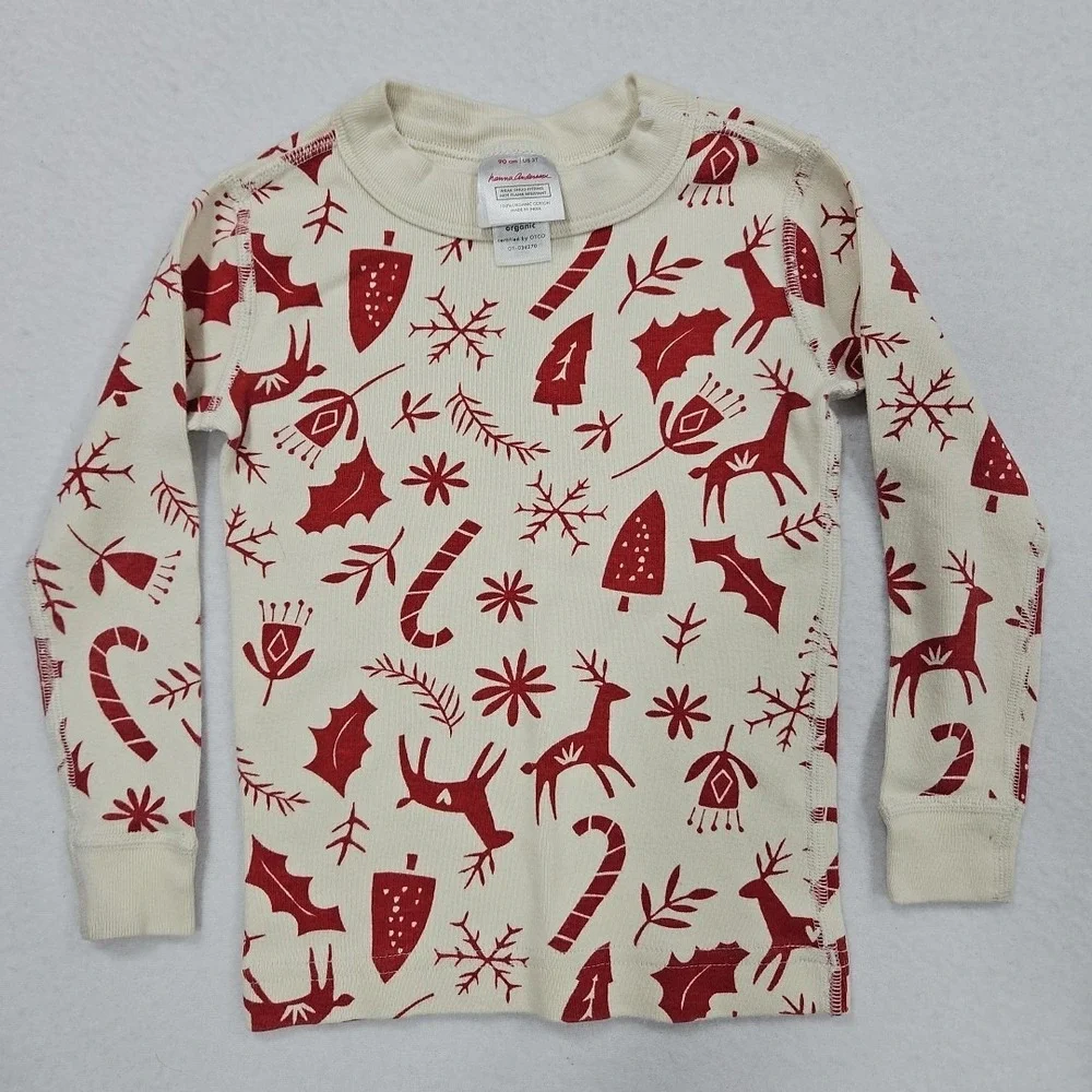 Hanna Andersson Pajamas‎ Size 90 US 3T White Red Reindeer Holiday Longsleeve
